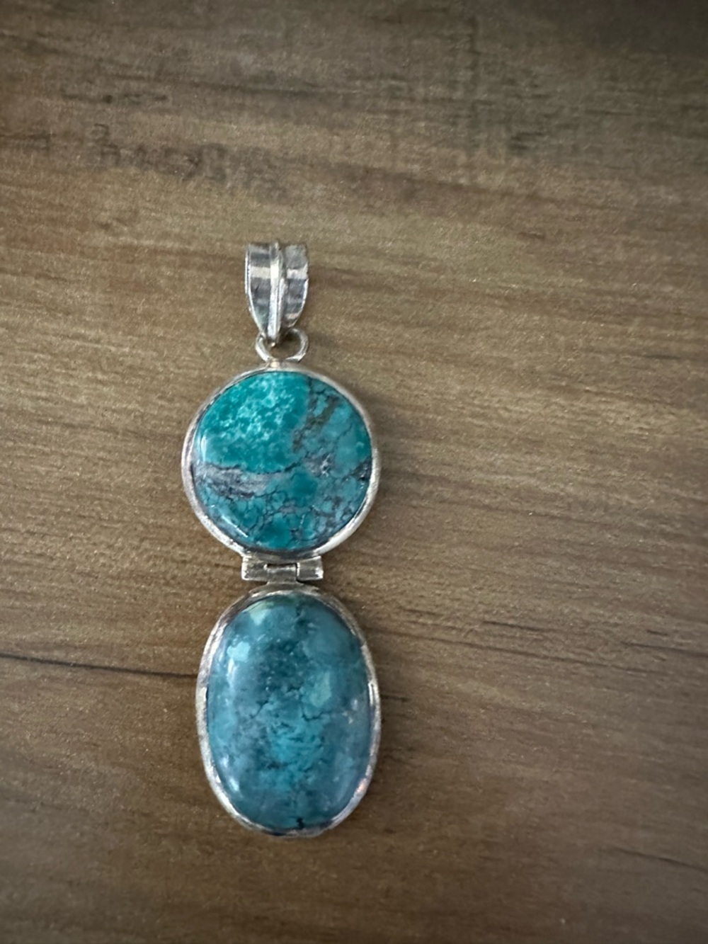 Vintage Turquoise Double Stone Pendant Necklace - Blue Green Sterling-Style - Picture 5 of 9